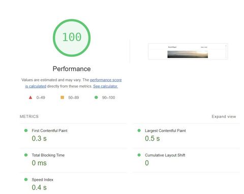 Měření Lighthouse blogu po převodu na statický web: výkon 100, hlavní obsah za 0,5 s